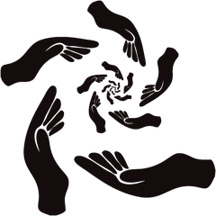 21 black silhouettes of hands held palm open as if holding an offering. Hands are arranged in a spiral, each descending in size toward the center, symbolizing dedications